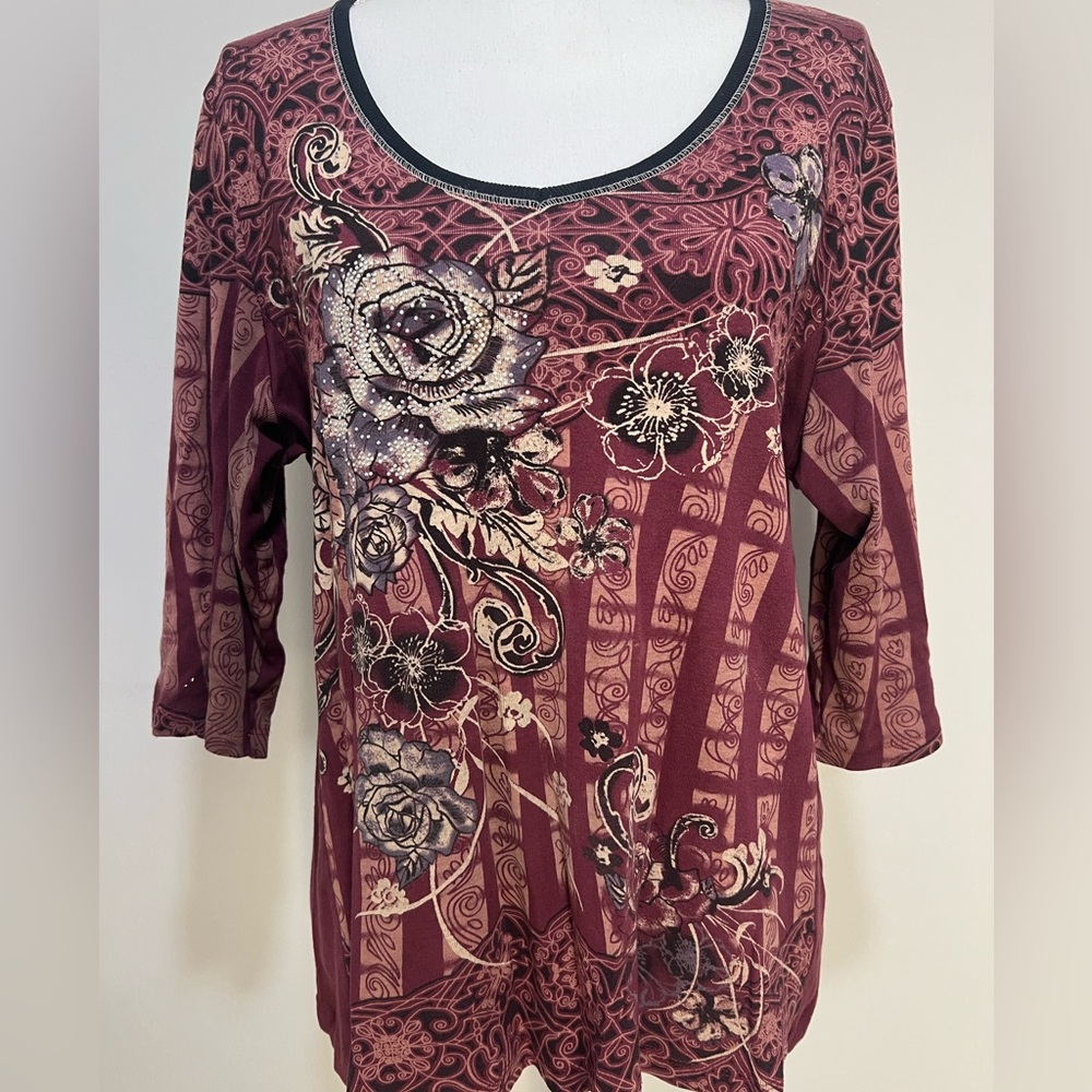 Y2K Vanilla Sugar Burgundy Floral Print Quarter Sleeve Shirt - Rhinestone Accent